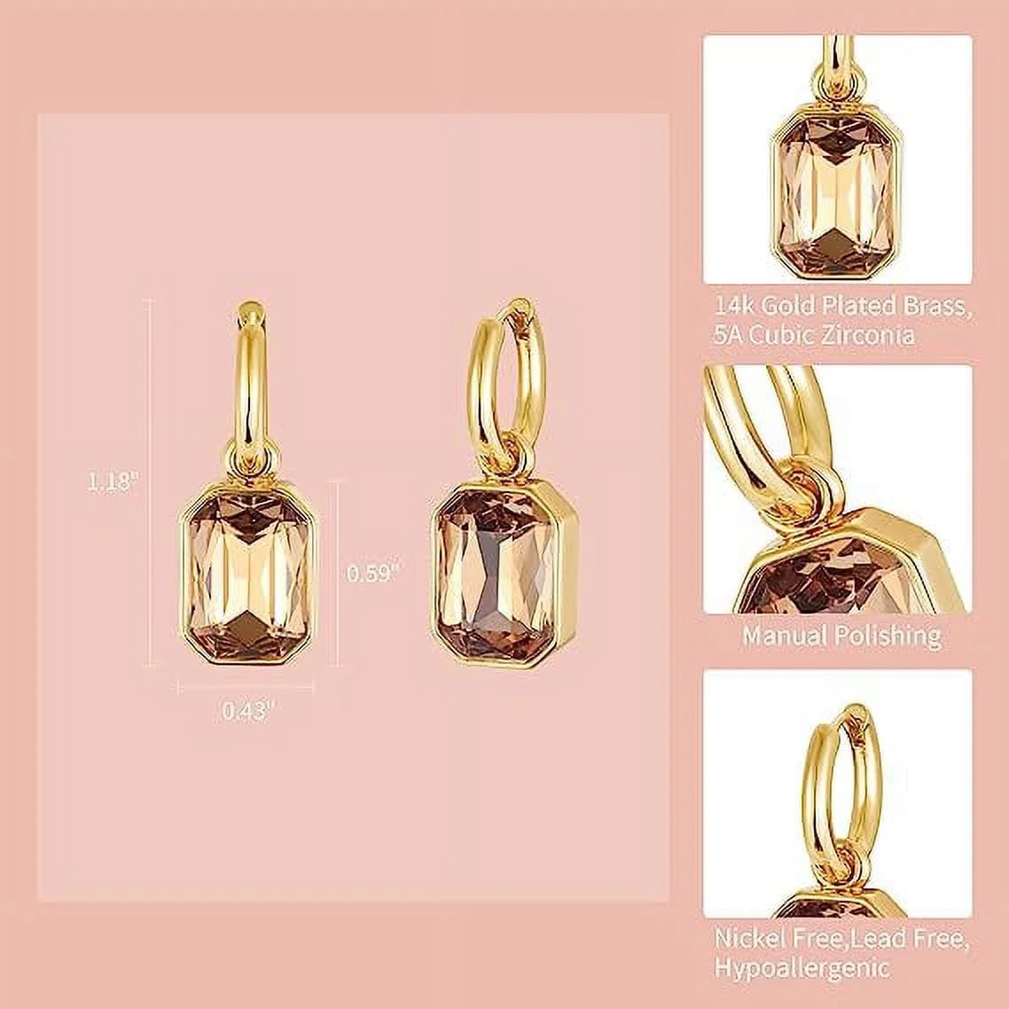 El Regalo Stainless Steel Rectangular Cut Rhinestone Hoop Earrings - Elegant 18K Gold Plated Waterproof Vintage-Inspired Cubic Zirconia Huggie Hoops for Women (Golden Yellow)