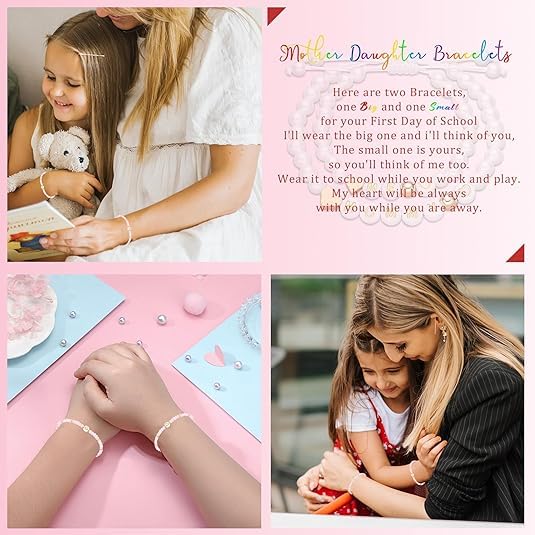 El Regalo Mother Daughter Matching Bracelet Set for 2 | Mama Mini Bead Bracelets | Mommy and Me Adjustable Heart Bracelet Set | Pink Crystal Beaded Mom-Daughter Bracelet for Women Girls (Heart)