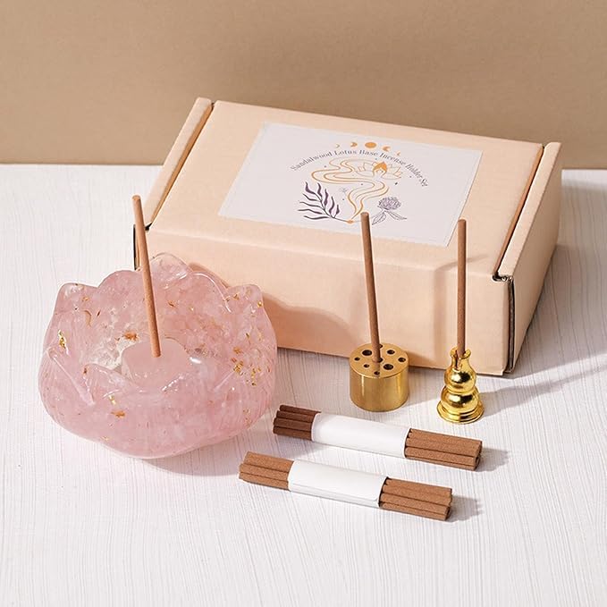 El Regalo Crystal Lotus Flower Incense Holder & Incense Sticks Gift Set | Resin Lotus Bowl Ash Catcher | Spiritual Home Decor for Diwali, Meditation, Relaxation, Wealth, Luck & Fortune