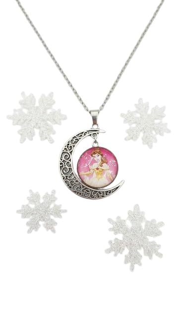 El Regalo Princess Crescent Moon Pendant Necklace for Girls- Enchanted Fairytale Character Jewelry with Filigree Detail, Silver-Tone Chain, Perfect Birthday Return Gift or Party for Toddlers and Kids (Style-4)