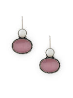 El Regalo 1Pair Cute Oxidized 925 Silver Plated Pearl & Stones Hook Earrings for Girls/Women- Silver Lookalike Handmade Oxidized Brass Hook Traditional Earrings with Stones & Pearls (Pink)
