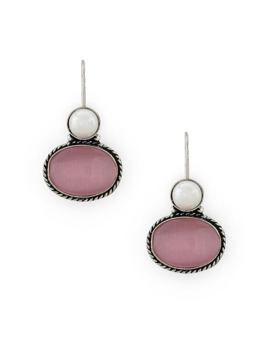 El Regalo 1Pair Cute Oxidized 925 Silver Plated Pearl & Stones Hook Earrings for Girls/Women- Silver Lookalike Handmade Oxidized Brass Hook Traditional Earrings with Stones & Pearls (Pink)