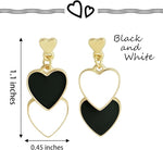 El Regalo 1 Pair Double Love Heart Drop Earrings- Valentine's Day Gift- Two Tone Oil Drop Heart Dangle Earrings for Girls & Women (Black + White)