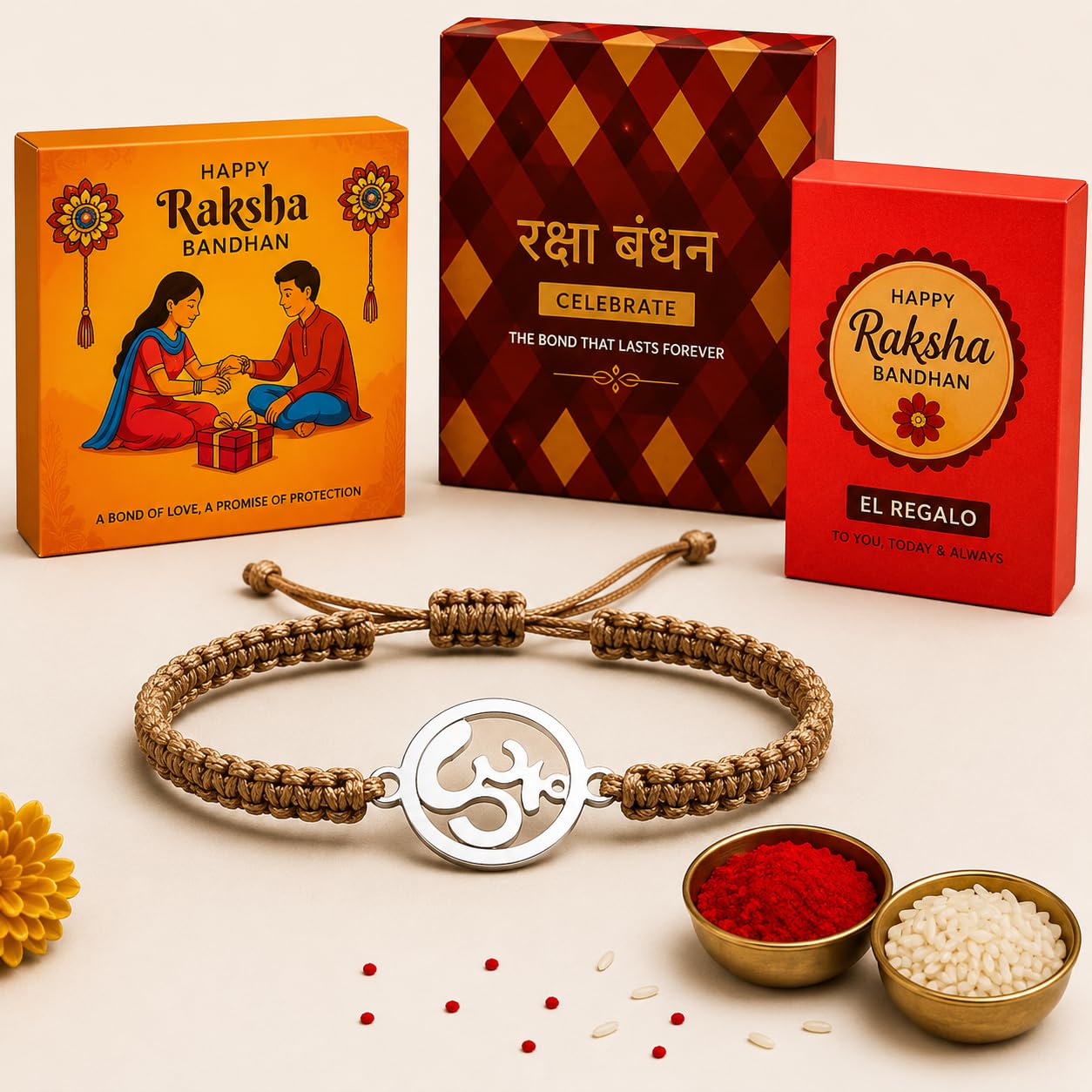 El Regalo Mens 1 PC Stainless Steel OM/Aum Golden Thread Rakhi for Brother - Anti Tarnish/Waterproof Adjustable Rakhi Bracelet for Bhai/Bhatija- Comes with Message Card, Roli-Chawal & Rakhi Box