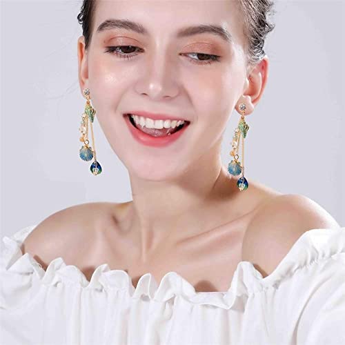 El Regalo Ocean Blue Tassel Shell Dangle Earrings - Chandelier Sparkly Bohemia Shine Rhinestone Scallop Beach Earrings for Women Girls