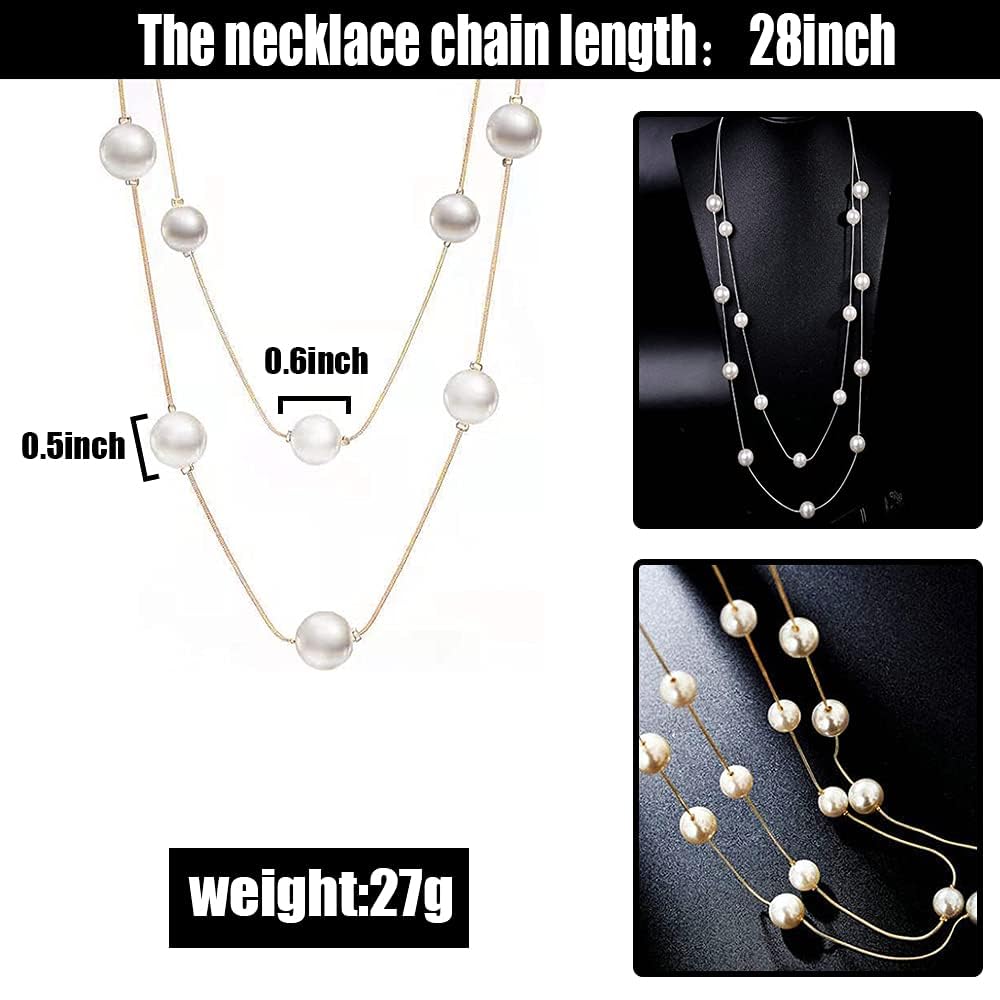 El Regalo Layered Faux Pearl Long Necklace for Women & Girls - Bohemian Chic Statement Jewelry | Simulated Pearls & Brass Snake Chain | Double Strand Sweater Necklace for Elegant Occasions (Gold)