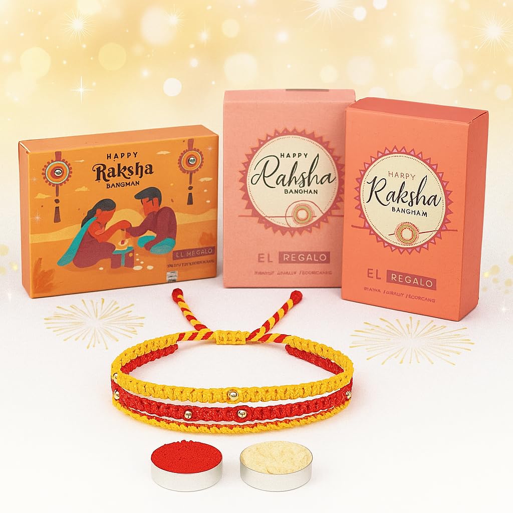 El Regalo Handmade 3-Layered Mauli Thread Rakhi for Brother with OM Charm - Traditional Bracelet with Roli Chawal, Message Card & Rakshabandhan Box (Mauli Rakhi)