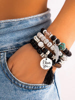 El Regalo 4Pcs/Set Vintage Bohemia Style Wing Beads Tassel Unisex Bracelet - Stackable Multi-layer Modern Charm Bracelets with Wings and I Love You Charms Bracelets (Black)
