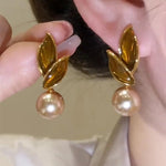 El Regalo Exquisite Champagne Leaf Pearl Drop Earrings for Women - Vintage Glossy Pearl Leaf Stud Earrings - Elegant Jewelry for Special Occasions