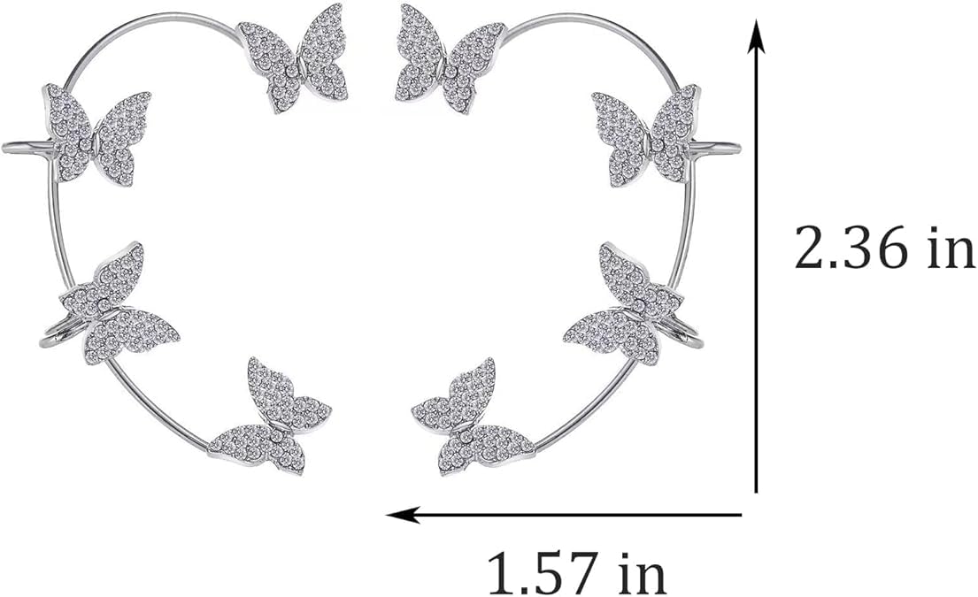 El Regalo 1 Pair CZ Butterfly Cuff Earrings for Non Pierced Ears- No Piercing Zircon Butterfly Wrap Crawler Ear Cuff Earrings For Women & Girls (Silver)