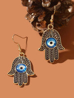 El Regalo Evil Eye Hamsa Hand Hook Earrings in Antique Golden Finish- Vintage Evil Eye Jewelry for Girls
