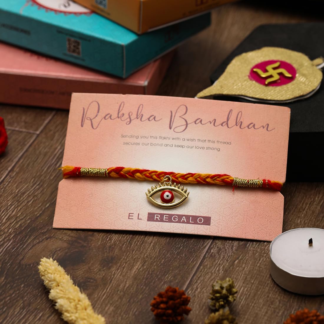 El Regalo 1 PC Moli Rakhi for Bhaiya - Rakshabandhan Moli Charms Rakhi with Message Card & Roli Chawal Shagun in Rakhi Box (Evil Eye Moli Rakhi-2)