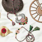 El Regalo Designer Bhaiya- Bhabhi Rakhi Luma/Lumba Set- Kundan, Pearls Rakhi with Roli Chawal in Gift Box- Luma Convertible into Necklace (Option-2)