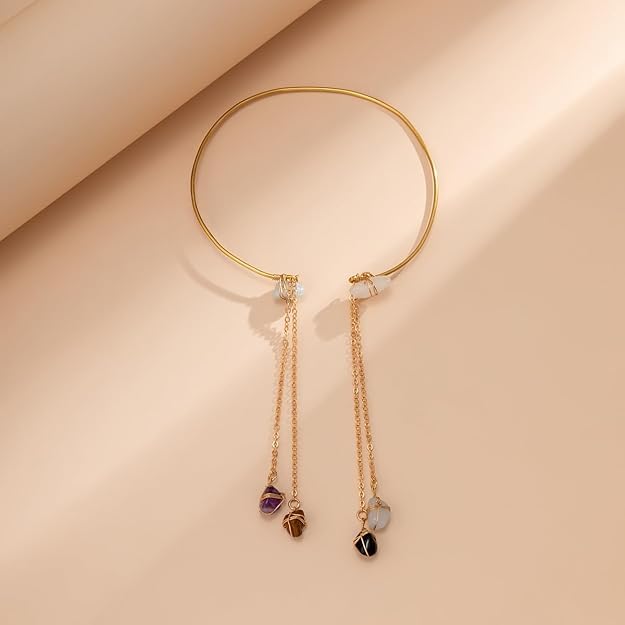 El Regalo Uniquely Handcrafted Gold Plated Arm Cuff Jewelry for Women/Girls - Armband Stone Pendant Bracelet Healing Stone Upper Armband Tassel Arm Bands Jewelry (Purple Stones)