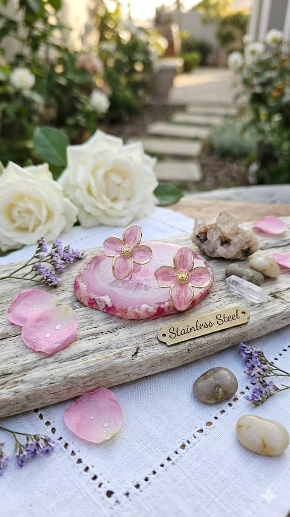 El Regalo Luxurious Oil Drip Flower Stud Earrings for Women & Girls | Stainless Steel Floral Studs | Anti-Tarnish, Skin Friendly Enamel Jewelry | Gift for Her (Floral Collection) (Pink- Gold)