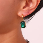 El Regalo Stainless Steel Rectangular Cut Rhinestone Hoop Earrings - Elegant 18K Gold Plated Waterproof Vintage-Inspired Cubic Zirconia Huggie Hoops for Women (Green)