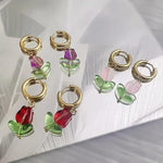 El Regalo Cute Tulip Flower Stainless Steel Hoop Earrings- Dangle Tulip Flower Bud Huggie Hoop Anti Tarnish Earrings for Girls & Women (Red Rose Bud)