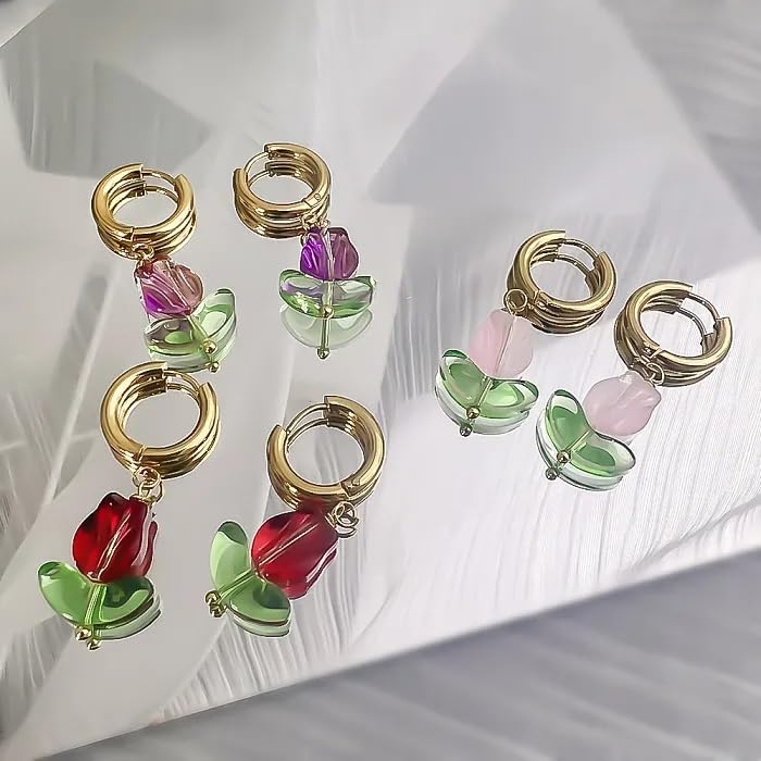 El Regalo Cute Tulip Flower Stainless Steel Hoop Earrings- Dangle Tulip Flower Bud Huggie Hoop Anti Tarnish Earrings for Girls & Women (Red Rose Bud)