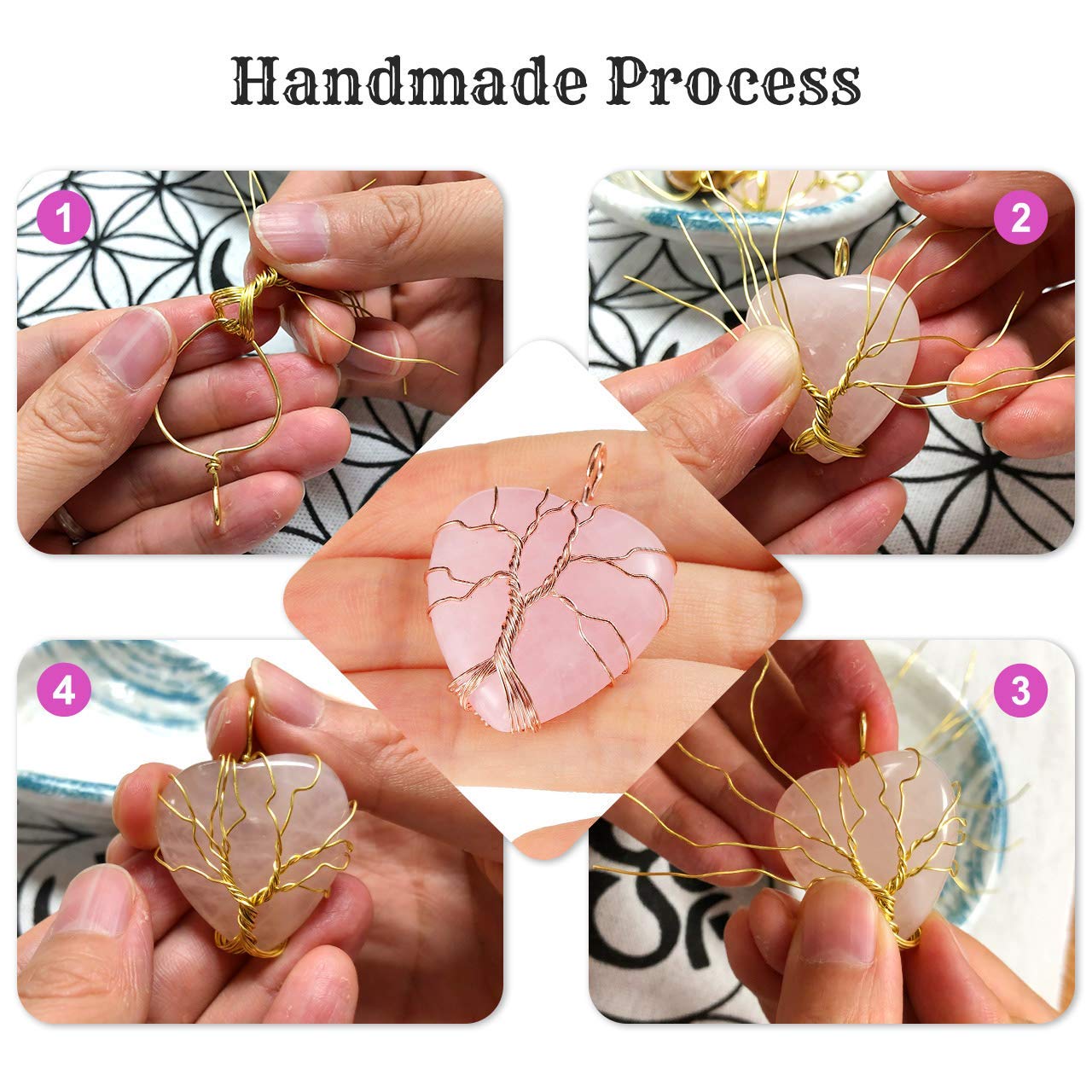 El Regalo Tree of Life Wire Wrapped Heart Shape Natural Quartz Stones Healing Crystal Chakra Pendant Necklace - Perfect Valentines Day Gift for Girls & Women (Rose Quartz)