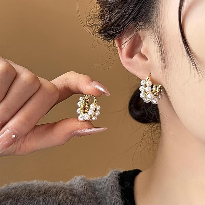 El Regalo Retro Elegant Double Row Imitation Pearl Oval Hoop Earrings for Women - Fashion Pearl Double Layer Ear Buckle Hoops