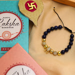 El Regalo 1 PC Natural Stones AD King Crown Rakhi for Brother/Bhai- Designer Handcrafted Natural Stones Rakhi with Roli-Chawal Shagun, Rakhi Message Card in Rakhi Gift Box (Blue & Golden)