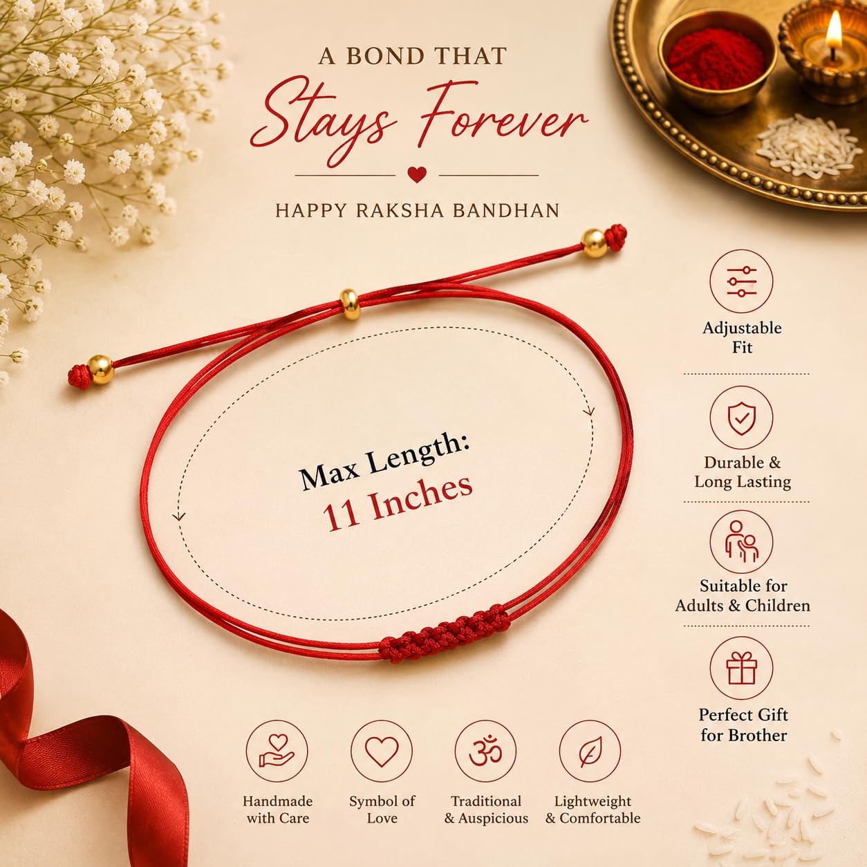 El Regalo Handmade Red Thread Rakhi for Brother | Traditional Mauli Kalava Rakhi | Adjustable Sacred Rakhi Bracelet for Men & Boys | Minimalist Designer Raksha Bandhan Rakhi | Premium Handcrafted Rakhi (Red Knot-2)