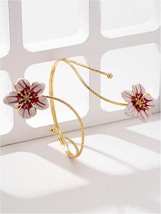 El Regalo Floral Enamel Armlet/Bajuband for Women & Girls - Adjustable Gold-Plated Upper Arm Cuff Bracelet | Bohemian Armlet for Weddings, Festivals & Dance Performances (White Shade)