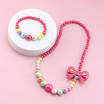 El Regalo Shiny Rose Pink Bow Beads Necklace & Bracelet Jewelry Set for Girls/Kids- Colorful Rainbow Beads Bow Girls Jewelry Set