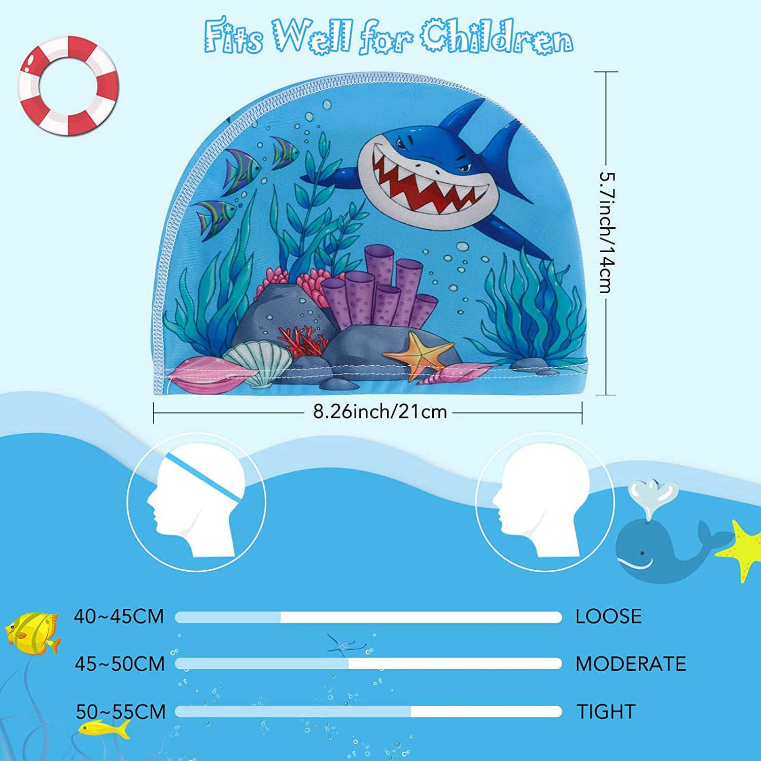 El Regalo 2 PCs Swim Cap Kids/Toddlers, Comfortable Breathable Polyester Fabric Swimming Caps Cute Cartoon Dolphin, Shark, Owl, Mermaid Fairy, Unicorn, Giraffe Swim Caps (Mermaid & Blue Owl)
