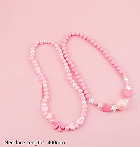 El Regalo 2 PCs Girls Kids Pink Acrylic Heart Bow Beaded Necklaces Set | Girls Kids 2 PCS necklaces | Princess Necklaces Set (Heart & Bow Pattern)