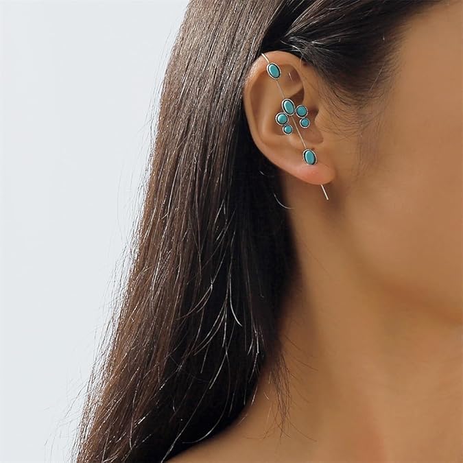 El Regalo 2PCs Turquoise Ear Wrap Crawler Hook Stud Earrings for Women Girls- Long Bar Piercing Ear Cuffs Boho/Bohemian Statement Earrings (Style-1)