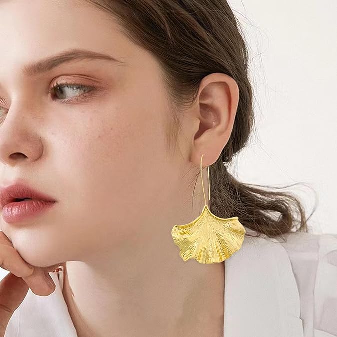 El Regalo Big & Bold Ginkgo Leaf Drop Dangle Earrings - Fashionable Fall Maple Leaf Boho Earrings for Women & Girls, Classy Statement Jewelry (Gold)