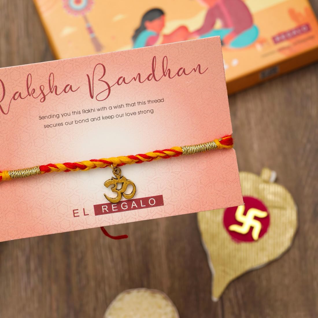 El Regalo Unisex-Adult 1 Pc Moli Rakhi For Bhaiya - Rakshabandhan Moli Charms Rakhi With Message Card & Roli Chawal Shagun In Rakhi Box (Om Moli Rakhi)