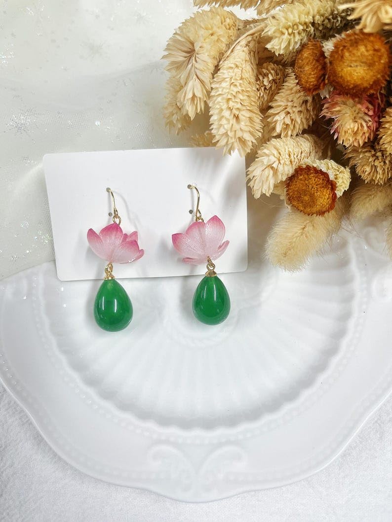 El Regalo Handmade Lotus Flower Dangle Earrings for Women & Girls | Elegant Pink Bloom & Green Teardrop Bead Drop Earrings | Nature-Inspired Traditional Boho Floral Fashion Jewellery Gift