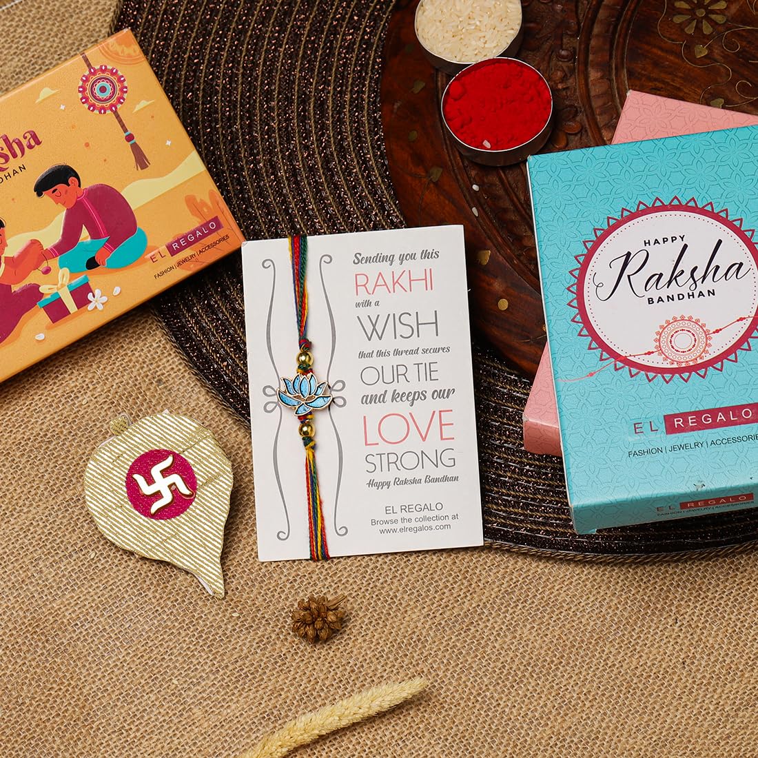 El Regalo 1PC Simple Lotus Flower Rakhi for Brother- Minimalist Lotus Thread Rakhi with Roli Chawal, Rakhi Message Card in Rakhi Gift Box (Option-2)