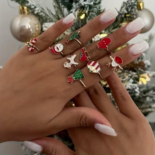 El Regalo 12 Pcs Christmas Adjustable Rings Set for Kids/Girls/Teens/Women | Cute Xmas Party Favour Rings with Heart Gift Box | Santa, Reindeer, Christmas Tree, Snowman, Candy Cane, Wreath Designs