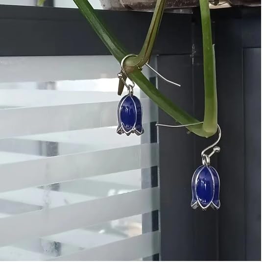 El Regalo Blue Enamel Tulip Flower Earrings for Women & Girls - Cute and Fancy Hyacinth Dangle & Double-Drop Hook Earrings (Single Flower)
