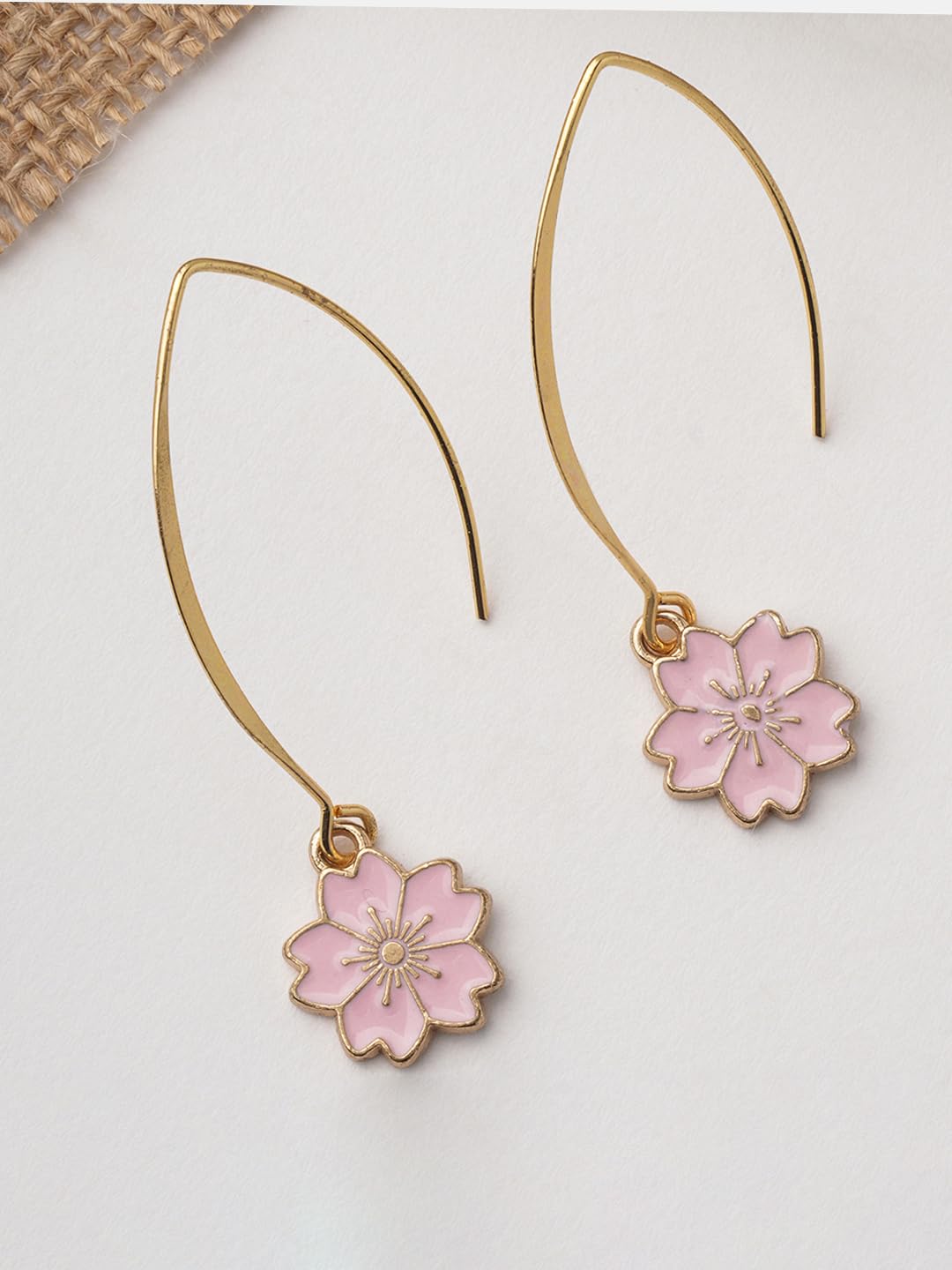 El Regalo 2 Pairs Beautiful Enamel Flowers Long Hook Earrings for Women/Girls - Cute Floral Charms Western Danglers (Pink & Black Flower)