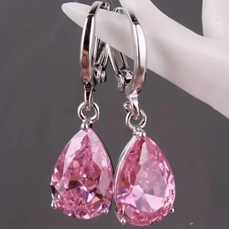 El Regalo Cute Cubic Zirconia Cut Stones Hoop Earrings for Girls & Women- Classic Teardrop Shape Zircon Drop Dangle Earrings (Baby Pink)
