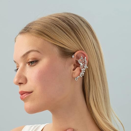 El Regalo 2PCS Butterfly Earrings Ear Cuffs Climber Wrap Around Earrings for Women/Girls- Fancy No Piercing Ear Clip Fairy Ear Jewelry (Silver)