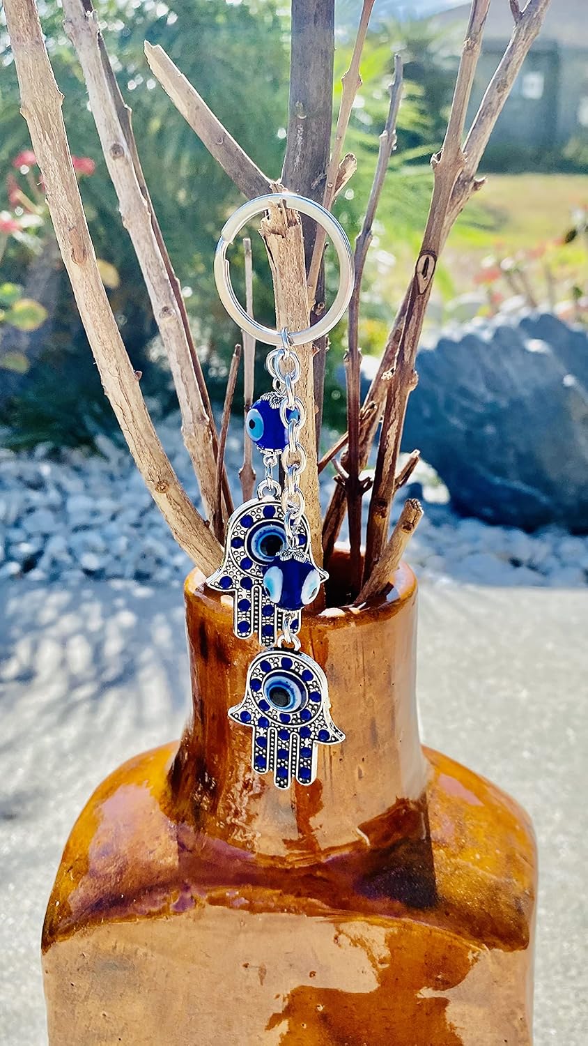 El Regalo Evil Eye Double Hamsa Hand Keychain and Hanging Ornament Intricate Metallic Alloy Hamsa Good Luck Charm For Protection Defense and Health Car Rearview Accessories Hanging Decor, Blue, Small