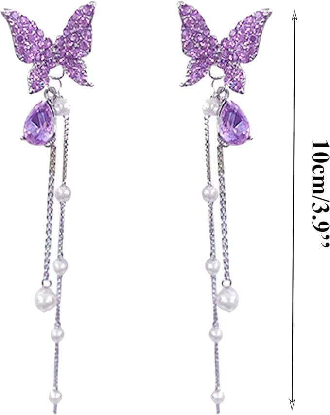 El Regalo Purple Butterfly CZ Pearl Tassel Earrings - Elegant Violet Gemstone Earrings with Delicate Design for Women