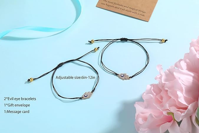 El Regalo 2PCs Unisex Evil Eye Adjustable Bracelet/Cum Anklet Set- Fancy Nazar Bracelet with CZ Crystal Butterfly & Hamsa Hand Charms (Can be worn as anklets by Girls & Women) (Black Hamsa Hand)
