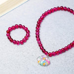 El Regalo 2 PCs Resin Shell Pendant Colorful Sparkly Crackle Beads Pendant Necklace & Bracelet Set for Kids/Girls- Christmas/Birthday Gift for Girls Kids (Magenta)
