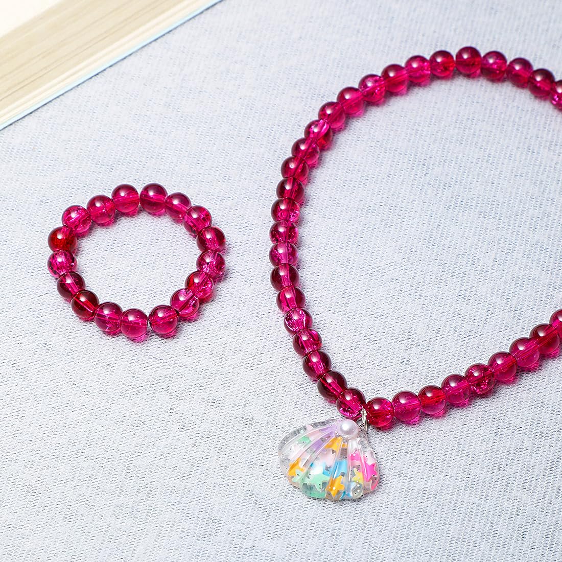 El Regalo 2 PCs Resin Shell Pendant Colorful Sparkly Crackle Beads Pendant Necklace & Bracelet Set for Kids/Girls- Christmas/Birthday Gift for Girls Kids (Magenta)