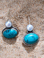 El Regalo 1Pair Cute Oxidized 925 Silver Plated Pearl & Stones Hook Earrings for Girls/Women- Silver Lookalike Handmade Oxidized Brass Hook Traditional Earrings with Stones & Pearls (Turquoise Green)