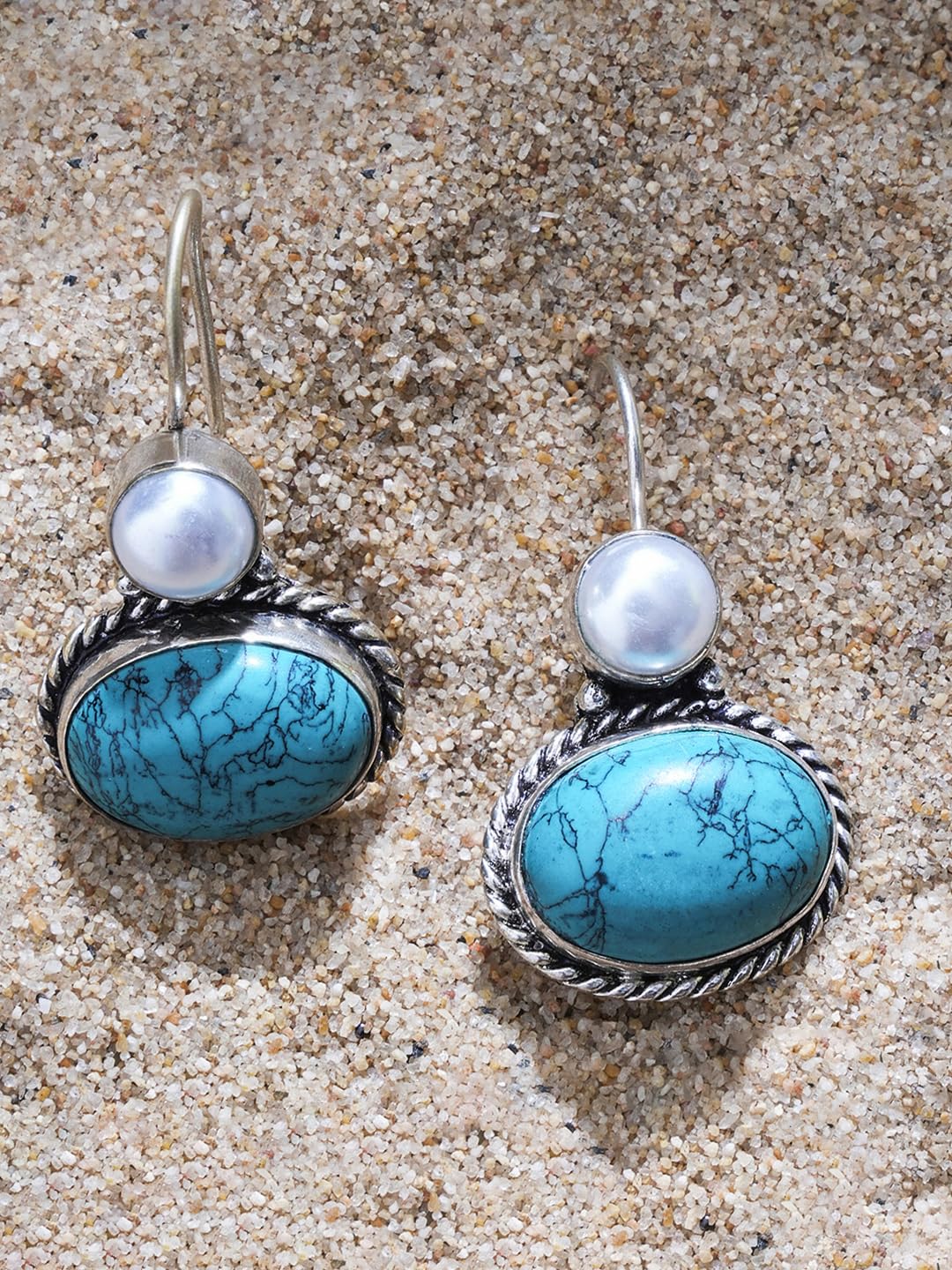 El Regalo 1Pair Cute Oxidized 925 Silver Plated Pearl & Stones Hook Earrings for Girls/Women- Silver Lookalike Handmade Oxidized Brass Hook Traditional Earrings with Stones & Pearls (Turquoise Green)