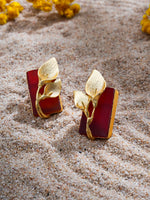 El Regalo Fancy Leaf Raw Stones Stud Brass Contemporary Earrings - Gold Plated Matte Finish Stone Studs for Girls and Women (Red)