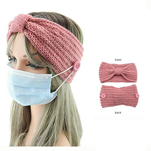 El Regalo 1 PC Knitted Winter Twist Woolen Warm Headband with Buttons for Face Mask Cover | Cold Weather Hair Accessories Head Wrap | Winter Headbands for Women & Men (Pink)