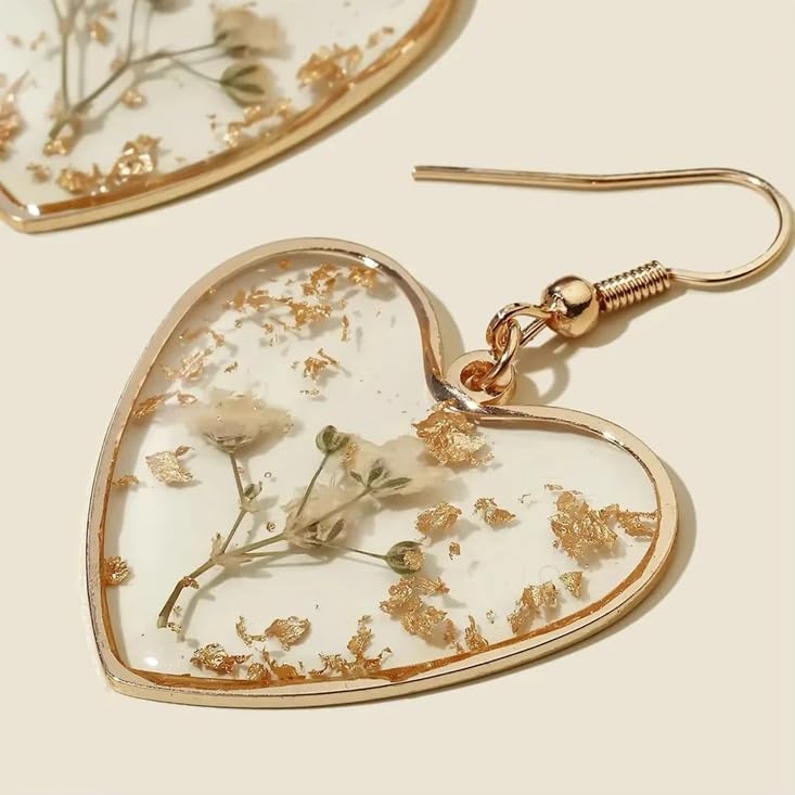 El Regalo Beautiful Transparent Heart Dried Flower Earrings for Women | Handmade Real Dried Floral Resin Dangle Earrings | Lightweight Bohemian Style Camellia Flower Earrings | Elegant Jewelry Gift (style-1)